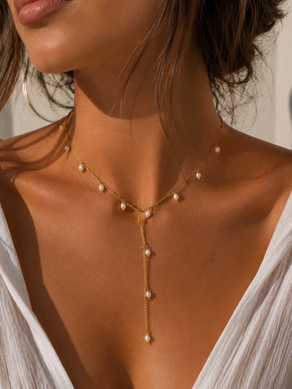 18K Gold Plated Freshwater Pearl Lariat Drop Necklace